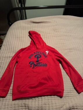 Majestic Red Hooded Fan Pullover with Navy Logo